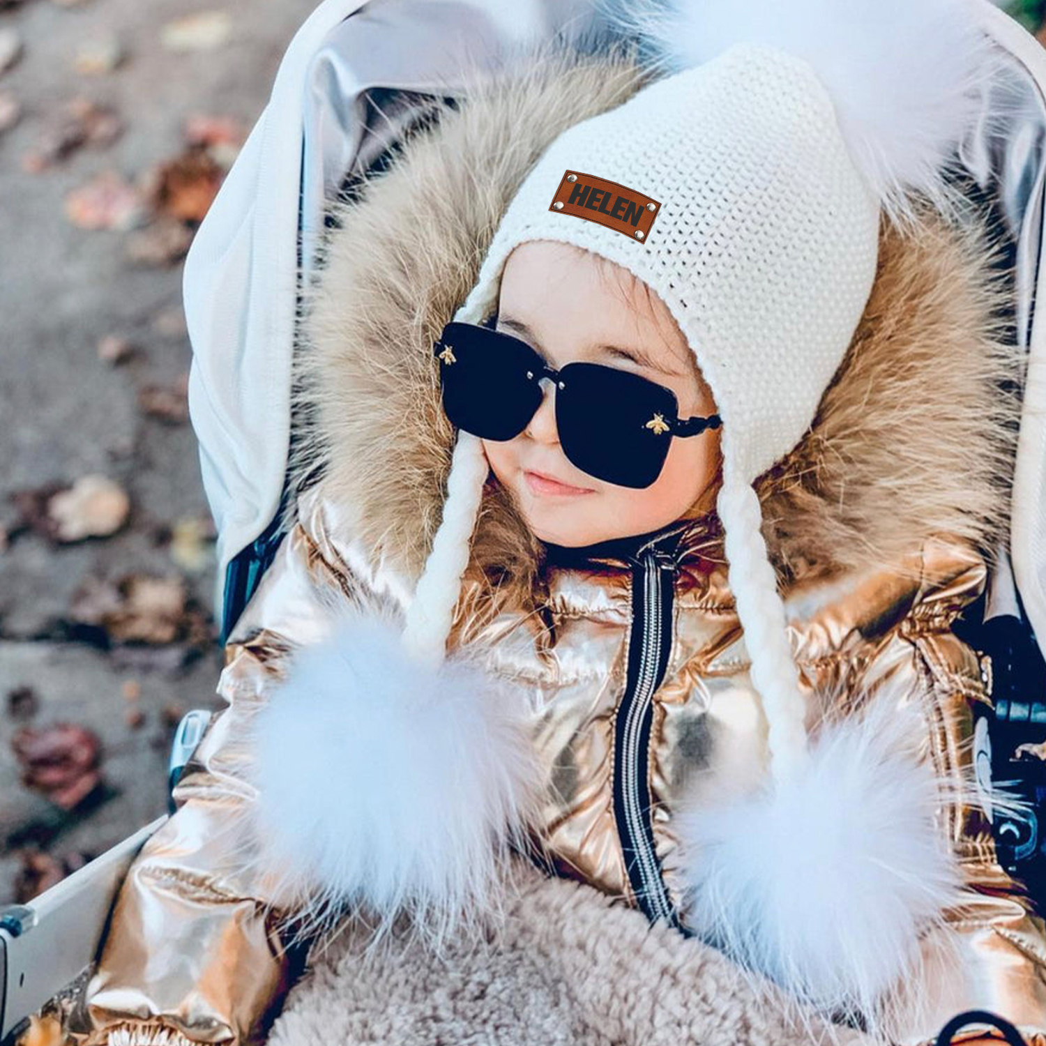 Personalized Leather Patch  Pom Pom Knit Hat With Tassels | HSKid46