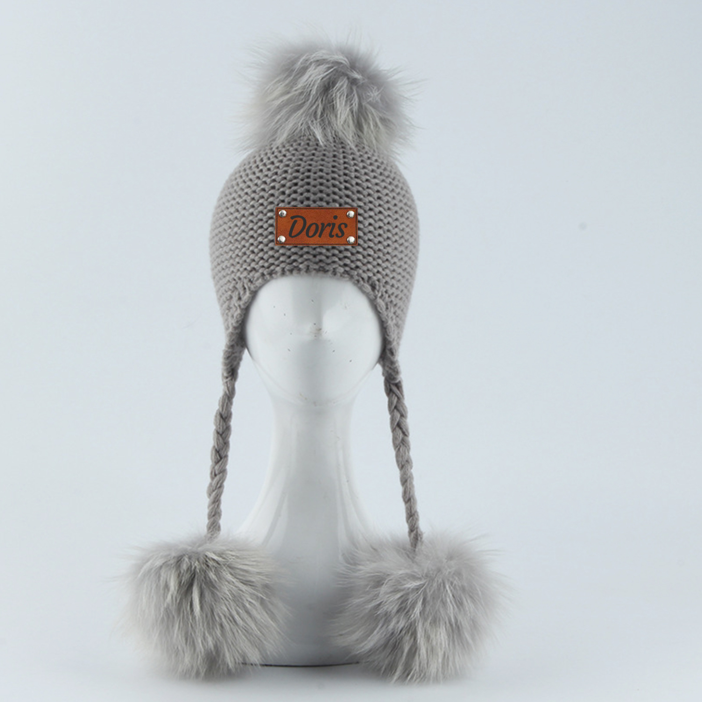 Personalized Leather Patch  Pom Pom Knit Hat With Tassels | HSKid46