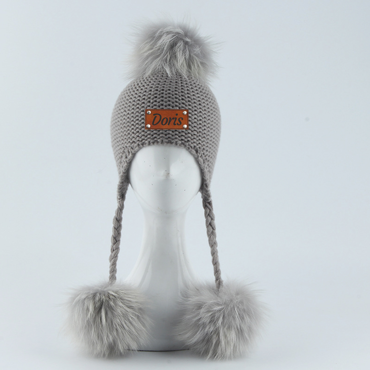 Personalized Leather Patch  Pom Pom Knit Hat With Tassels | HSKid46