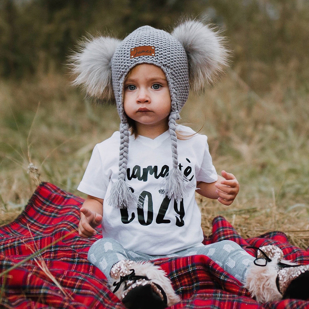 Personalized Leather Patch Pom Pom Knit Hat With Tassels | HSKid47