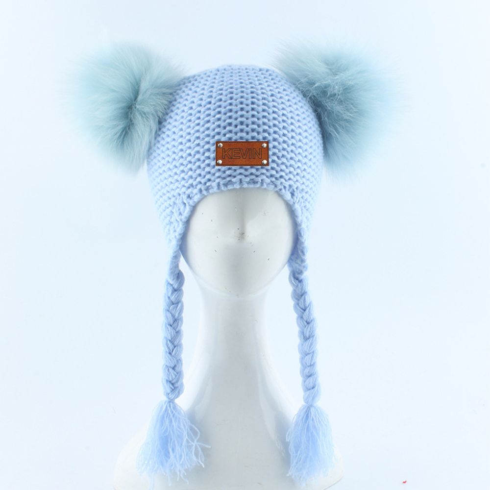 Personalized Leather Patch Pom Pom Knit Hat With Tassels | HSKid47