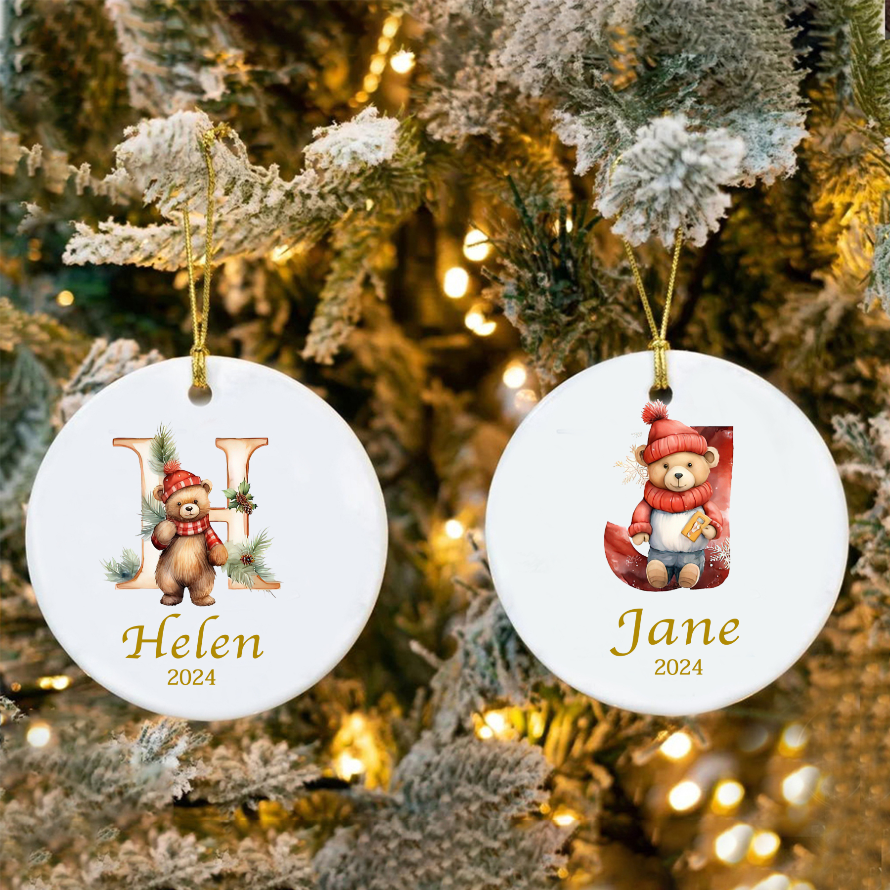 Personalized Christmas Teddy Bear Monogram Ornaments Decoration | MCGift5712