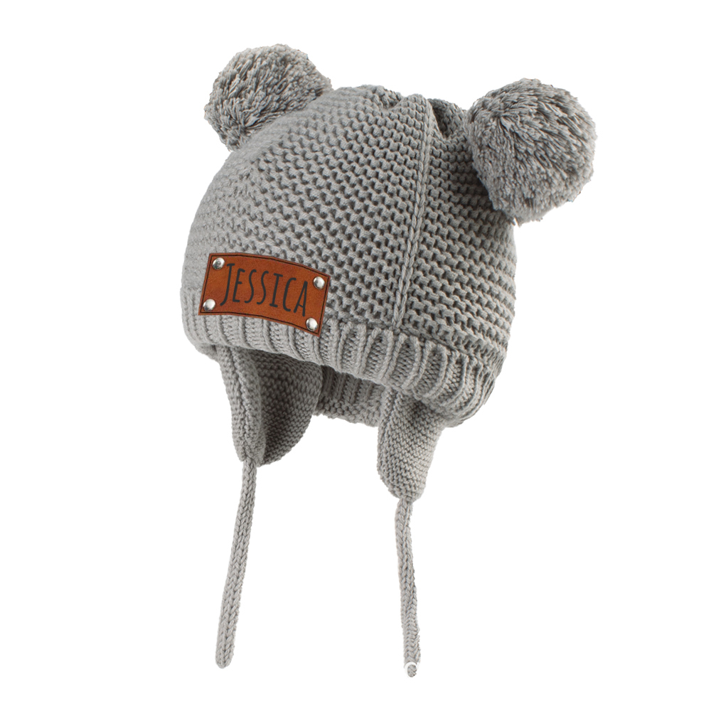 Personalized Leather Patch Pom Pom Knit Hat With Tassels | HSKid50