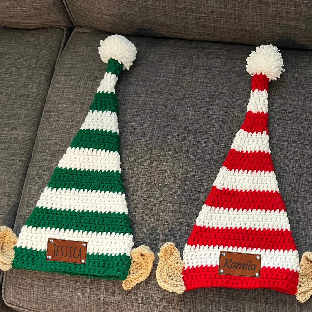 Personalized Crochet Leather Patch Christmas Elf Hat With Ears | MCGift70