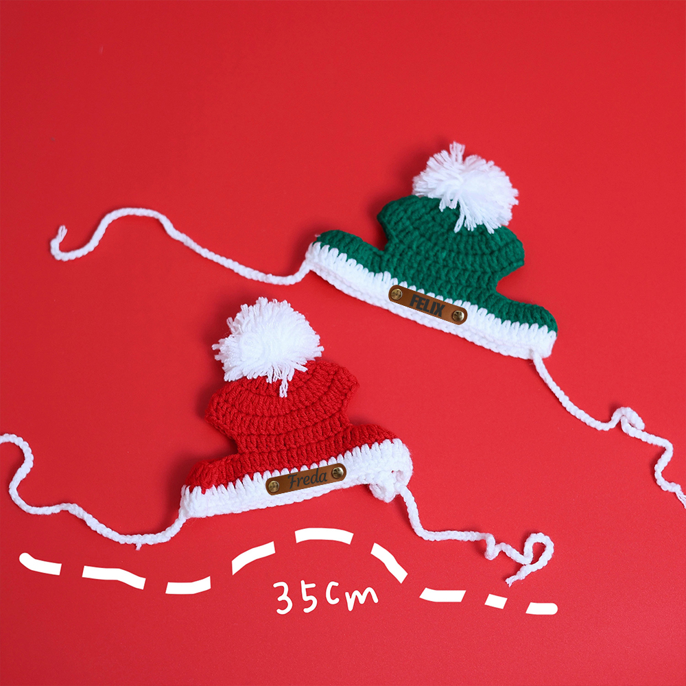 Personalized Leather Patch Crochet Christmas Pet Hat | MCGift86