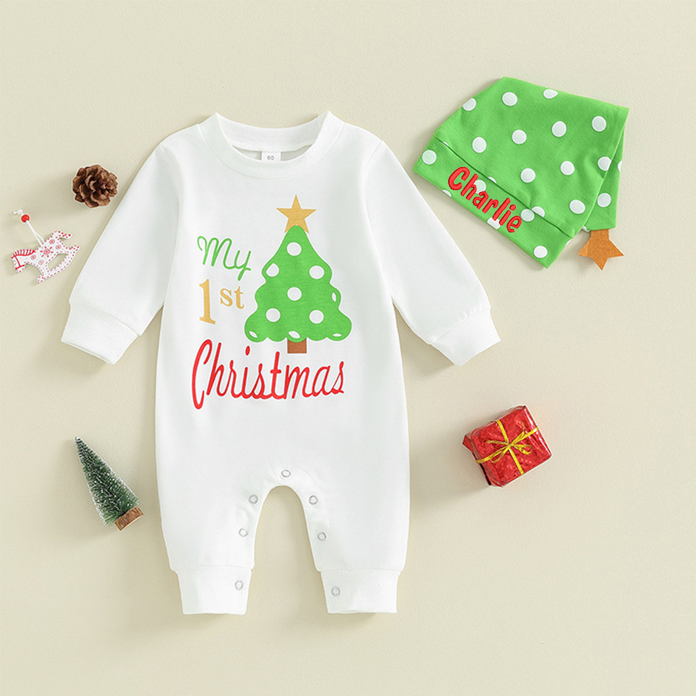 Personalized Baby 1st Christmas Ropmer and Embroidery Hat Set | CWBaby106