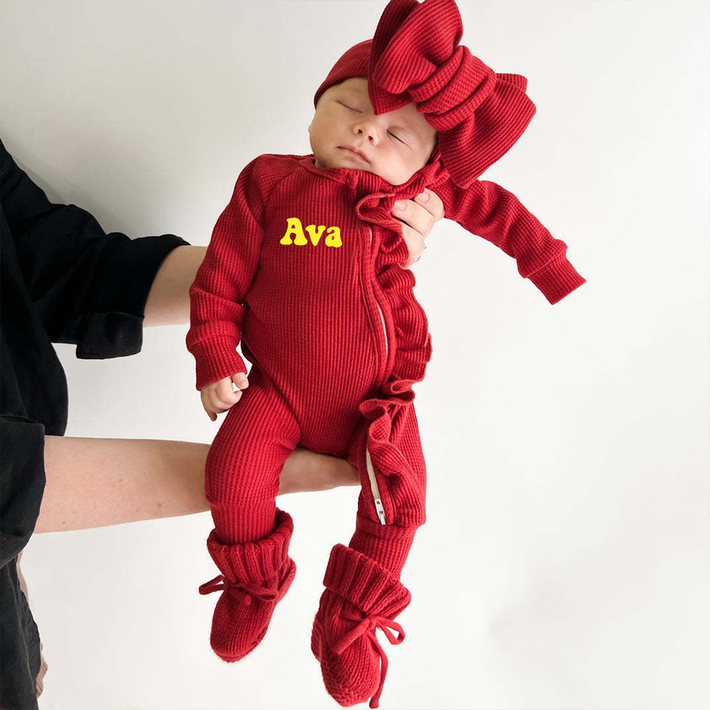 Personalized Baby Christmas Frill Zip Romper with Bow | CWBaby107