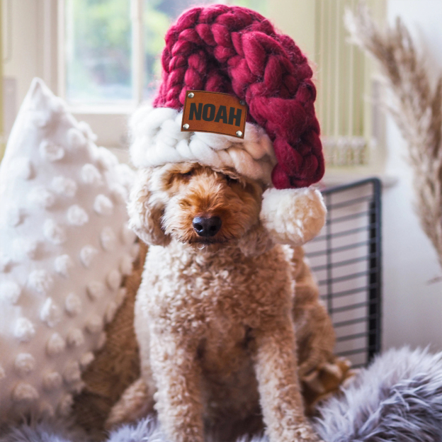 Personalized Leather Patch Chunky Knit Oversized Christmas Hat | MCGift97