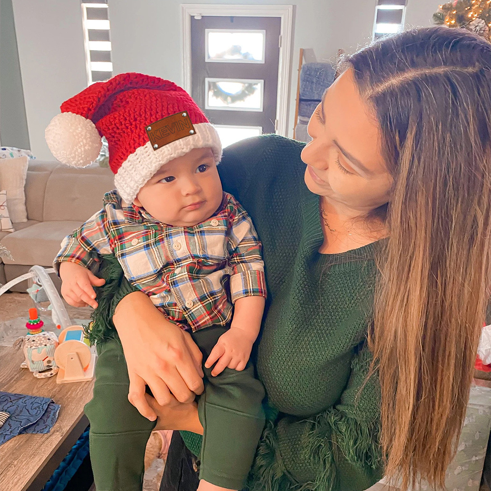 Personalized Leather Patch Crochet Christmas Santa Hat | MCGift98