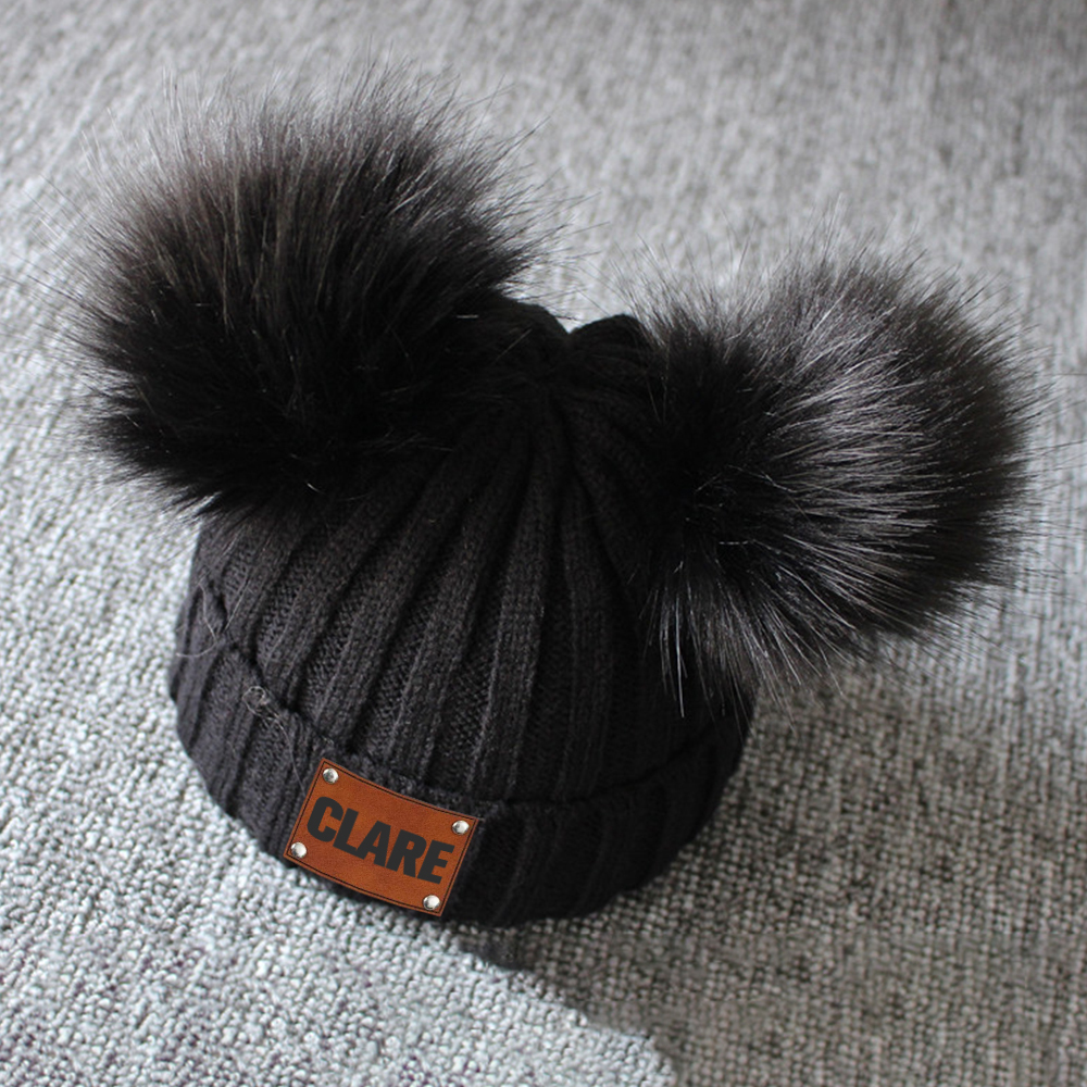Personalized Leather Patch Kid Pom Pom Hat and Scarf | HSKid0101