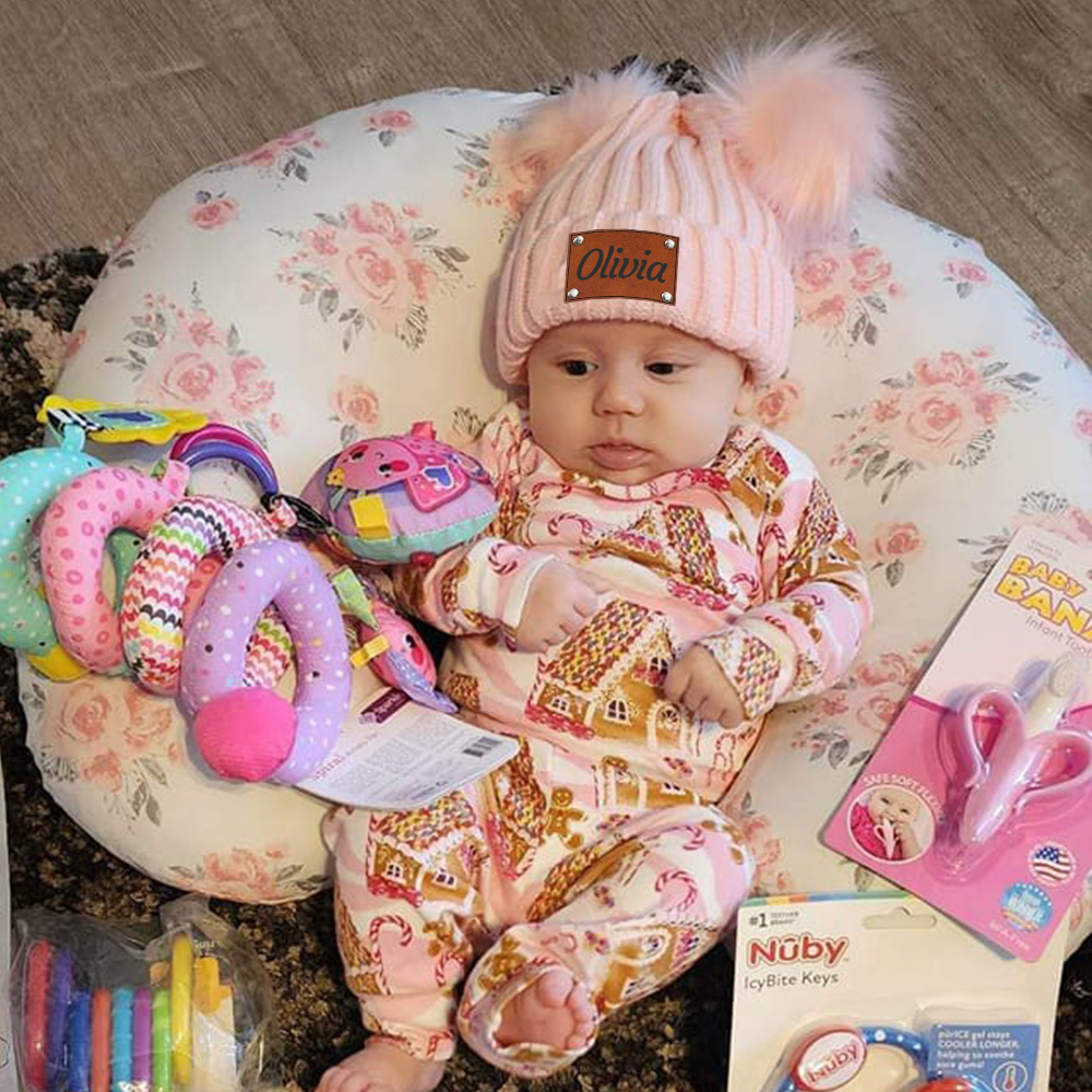 Personalized Leather Patch Kid Pom Pom Hat and Scarf | HSKid0101