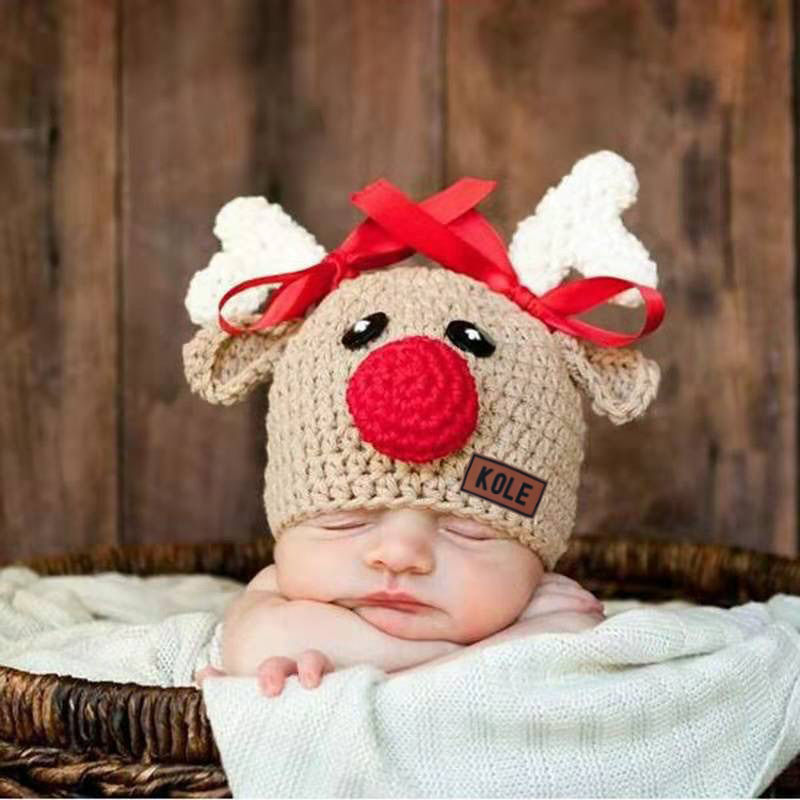 Personalized Leather Patch Christmas Elk Crochet Hat | MCGift112
