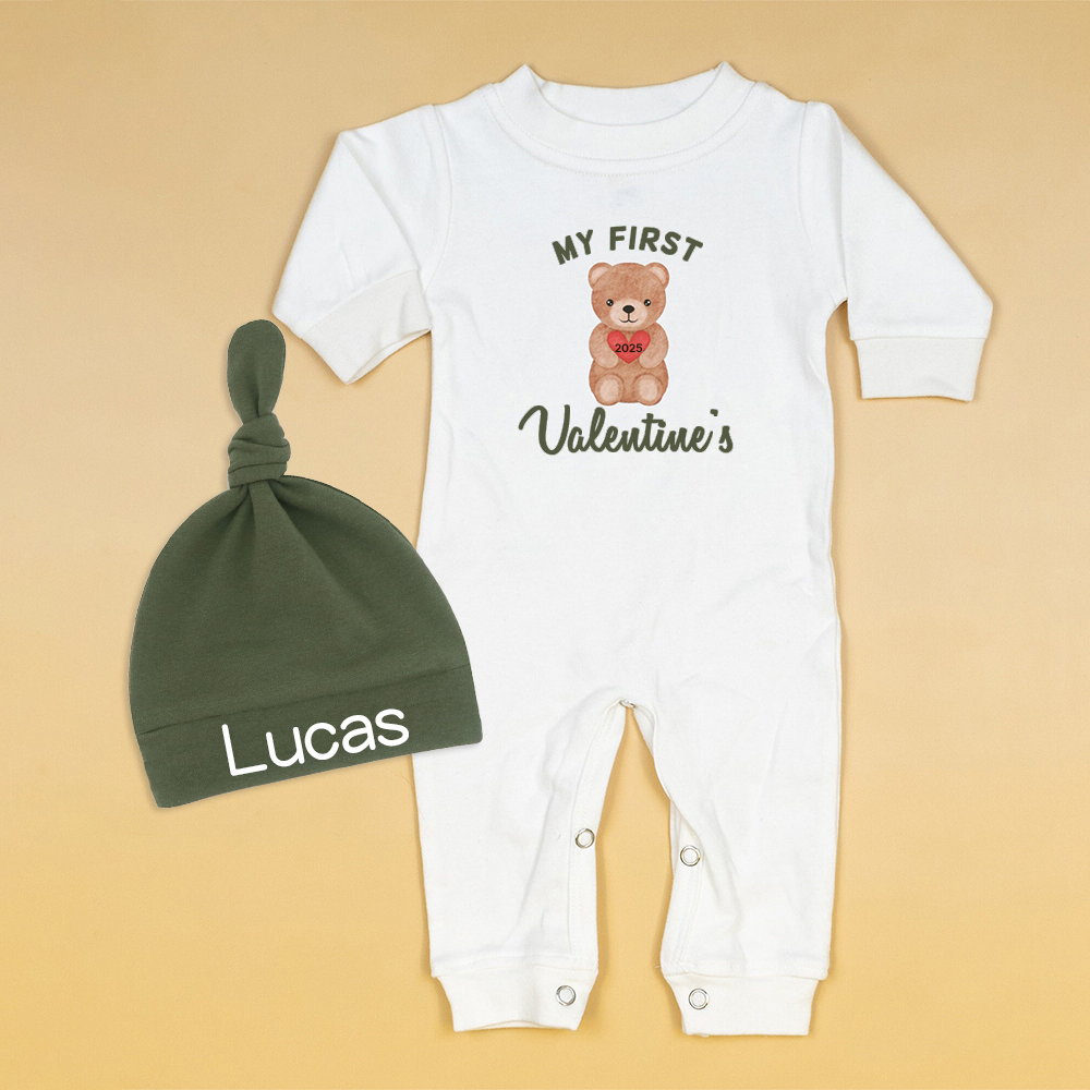Personalized Baby First Valentine Ropmer and Hat Set | CWBaby127