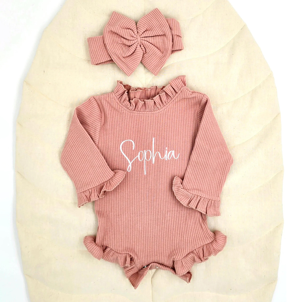 Personalized Embroider Ruffle Romper and Bow Set | CWBaby132
