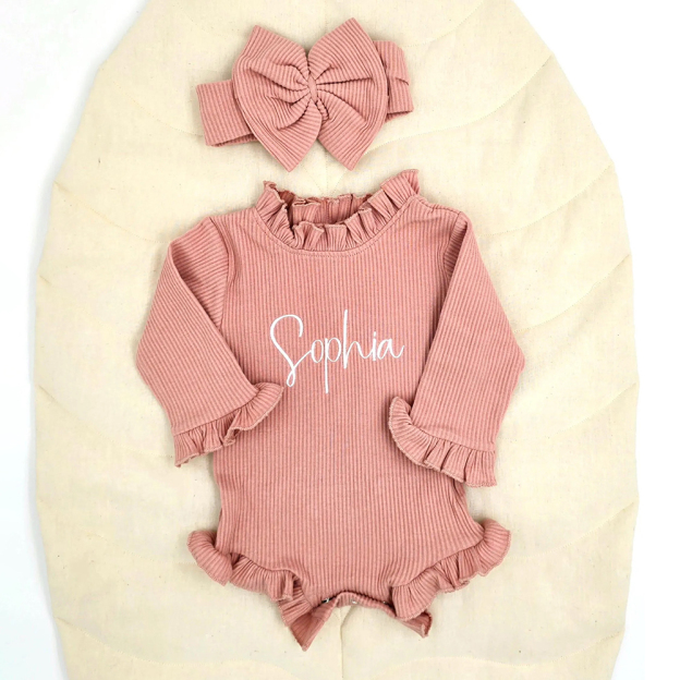 Personalized Embroider Ruffle Romper and Bow Set | CWBaby132