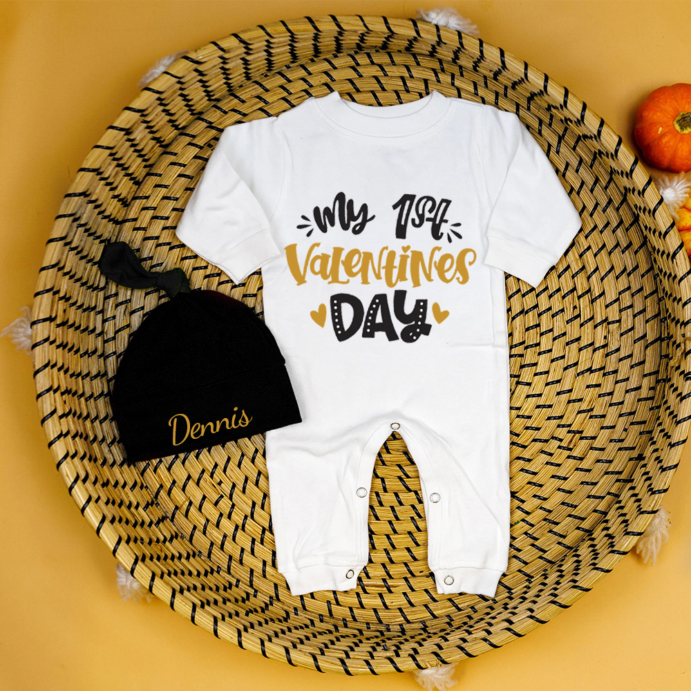 Personalized Baby First Valentine Ropmer and Hat Set | CWBaby145