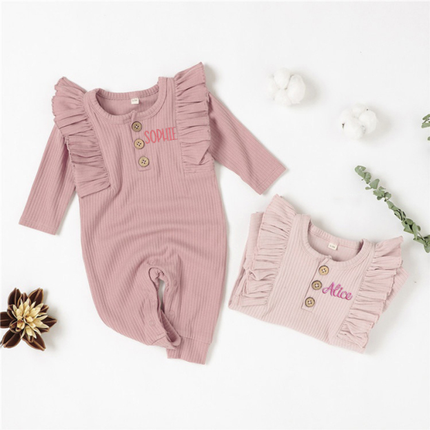 Personalized Baby Girls Ruffle Knit Bodysuit | CWBaby150