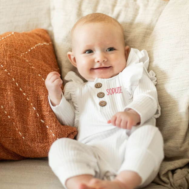 Personalized Embroidery Baby Girls Ruffle Ribbed Knit Romper | CWBaby150