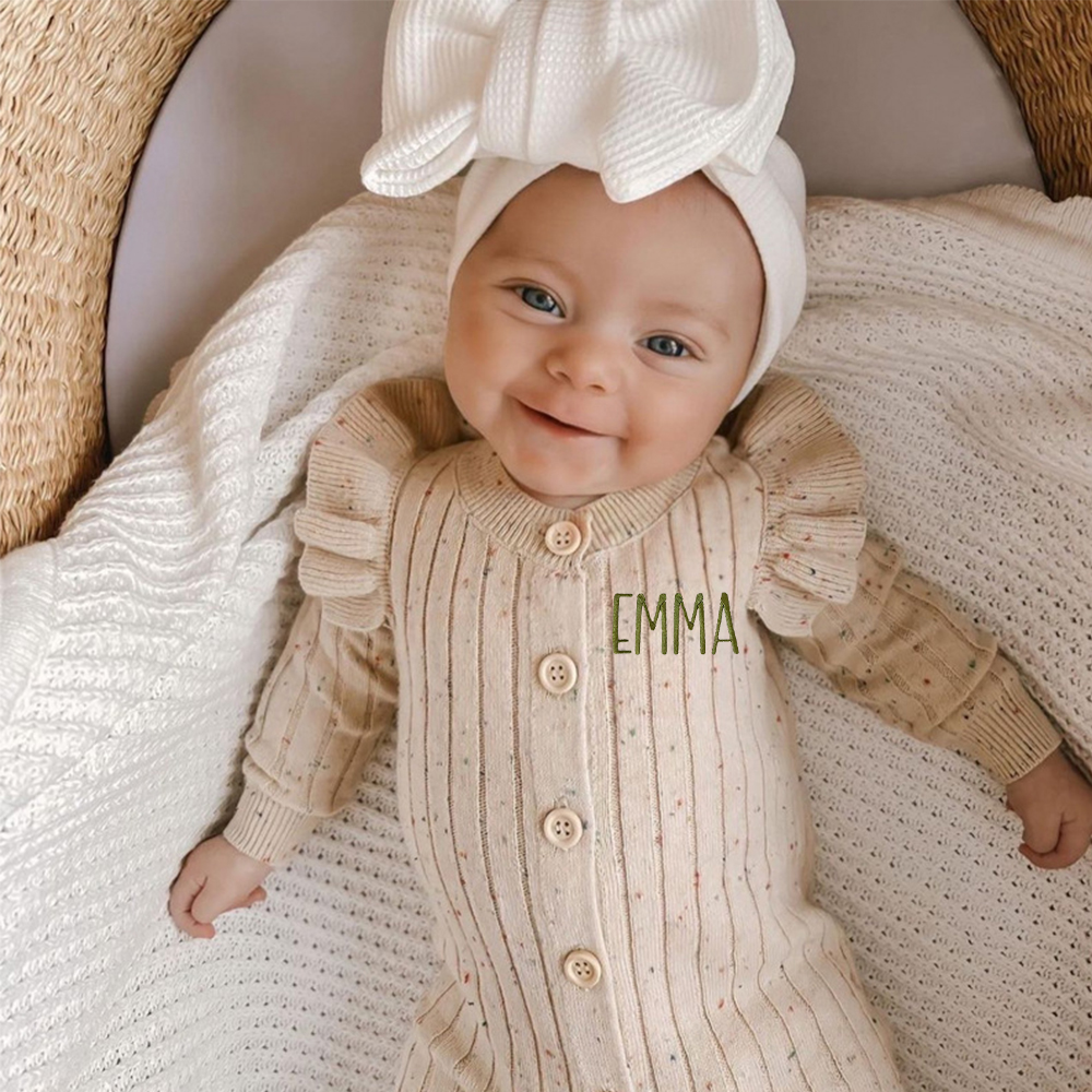 Personalised Embroidery Baby Ruffle Knit Romper | CWBaby149