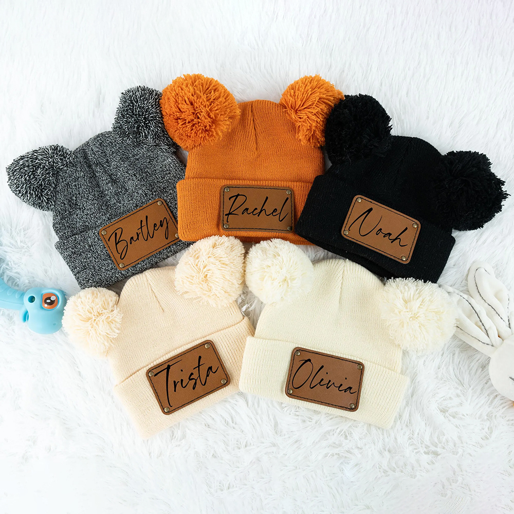 Personalized Leather Patch Pom Pom Hat for Comfort & Unique | HSKid55