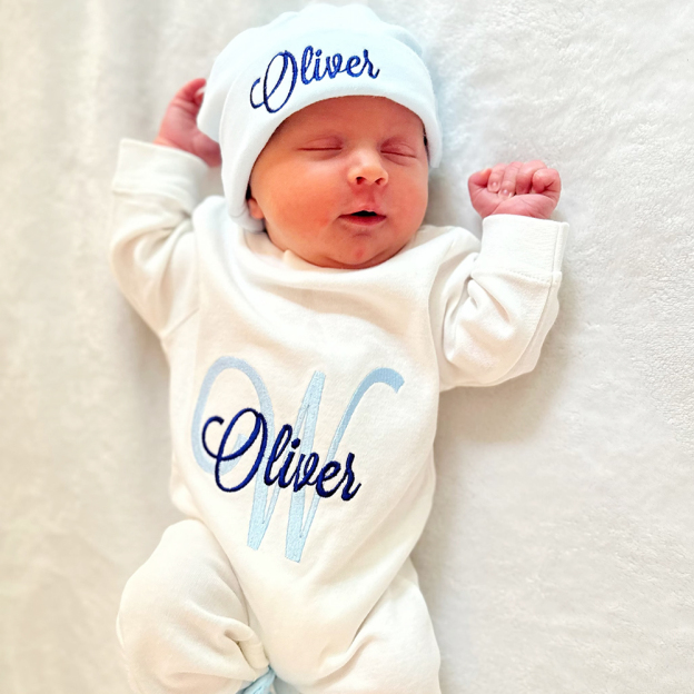 Personalized Embroidery Monograms Baby Coming Home Ropmer and Hat Set | CWBaby160