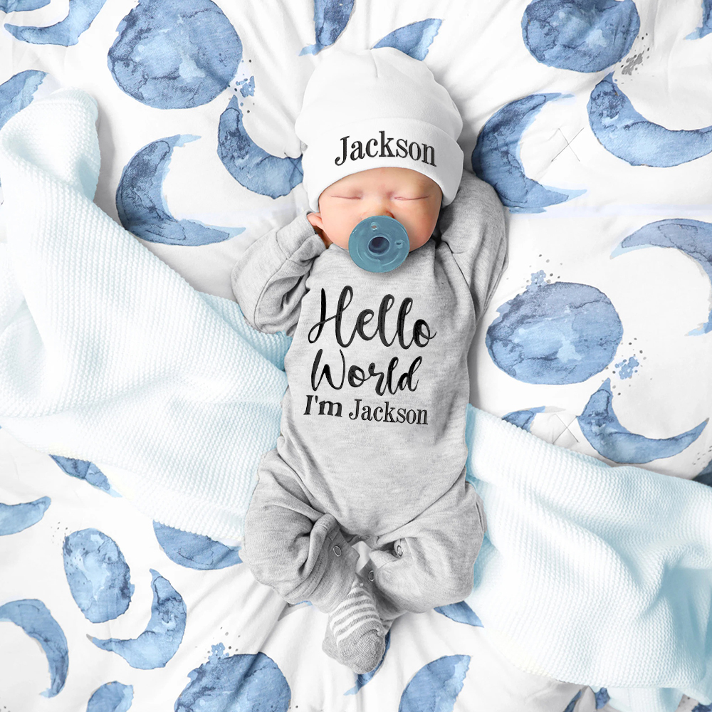 Personalized Embroidered Baby Hello World Romper and Hat Set | CWBaby166