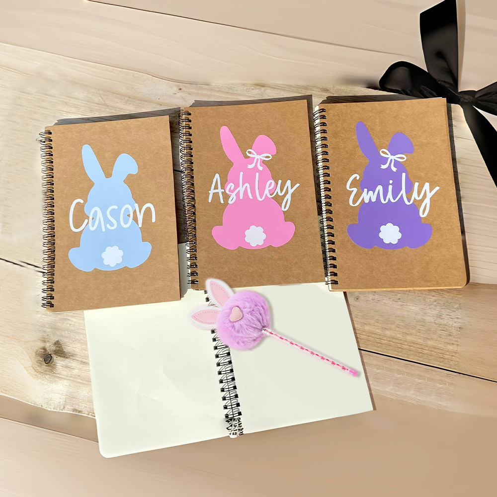 Personalized Easter Basket Bunny Notebook and PomPom Pen Set | CWToy110