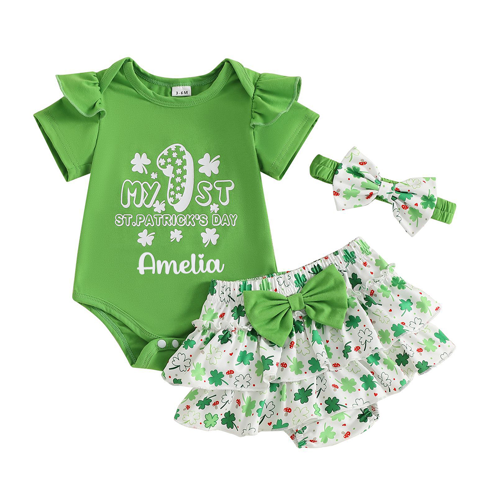 Personalized Baby Girl St. Patrick's Day Four Leaf Clover Letter Romper Set | CWBaby177