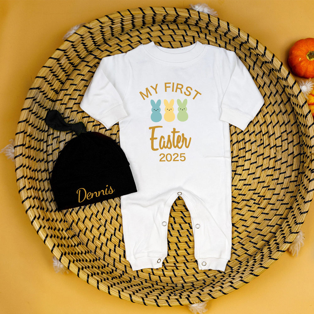 Personalized Baby Lovely First Easter Ropmer and Hat Set | CWBaby181