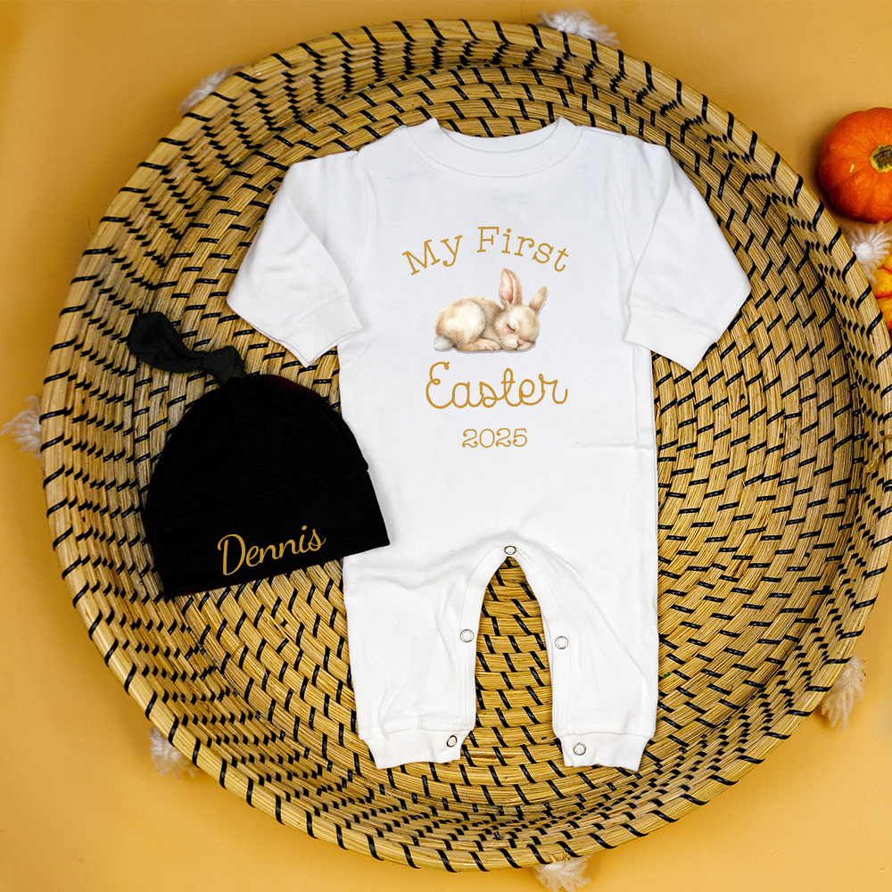 Personalized Baby First Easter Bunny Ropmer and Hat Set | CWBaby183