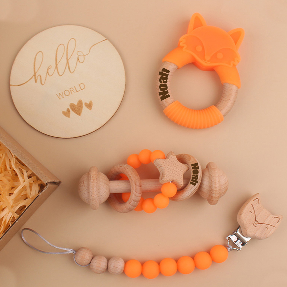 Personalized Baby Wooden Fox Pacifier Clip 4 Pcs Gift Set | CWBaby113