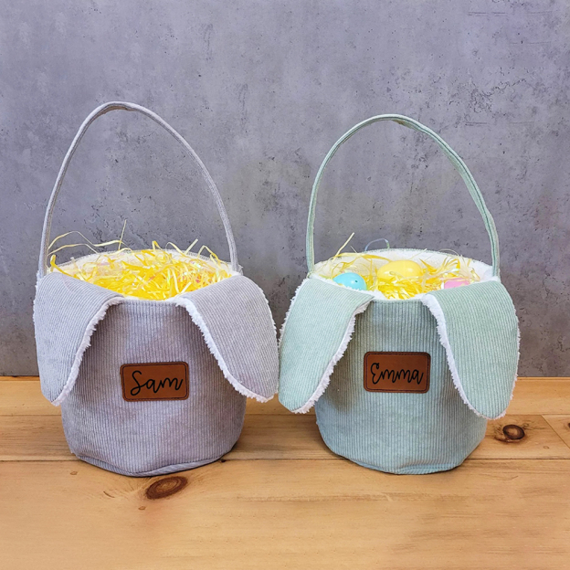 Personalized Leather Patch Corduroy Easter Bunny Basket | CWEaster4301