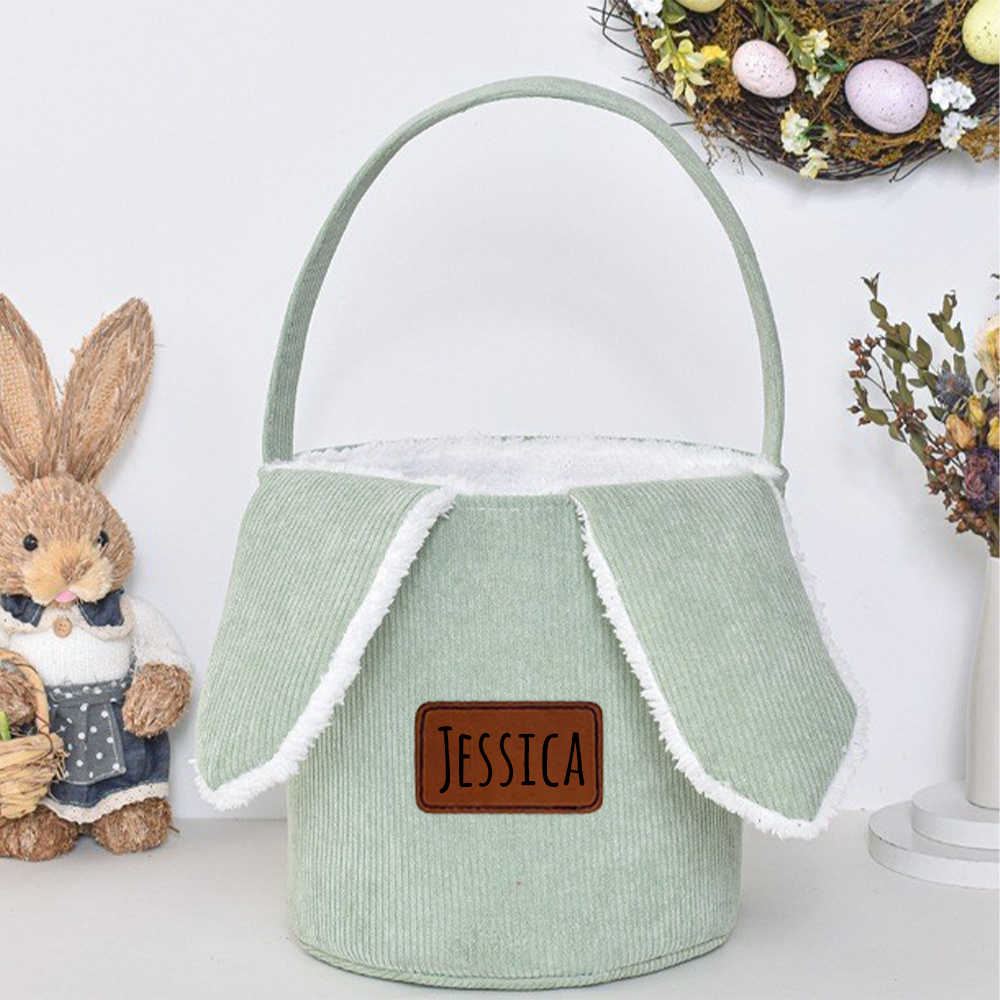 Personalized Leather Patch Corduroy Easter Bunny Basket | CWEaster4301