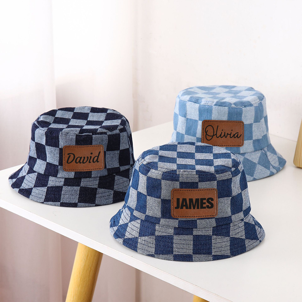 Personalized Leather Patch Checkerboard Denim Bucket Hat for Comfort & Unique | CWBeach175