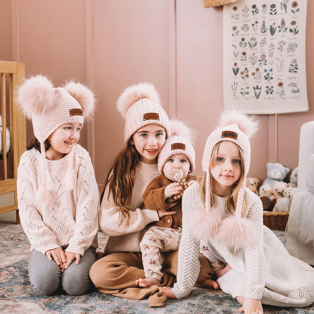 Personalized Leather Patch  Pom Pom Knit Hat With Tassels | HSKid46