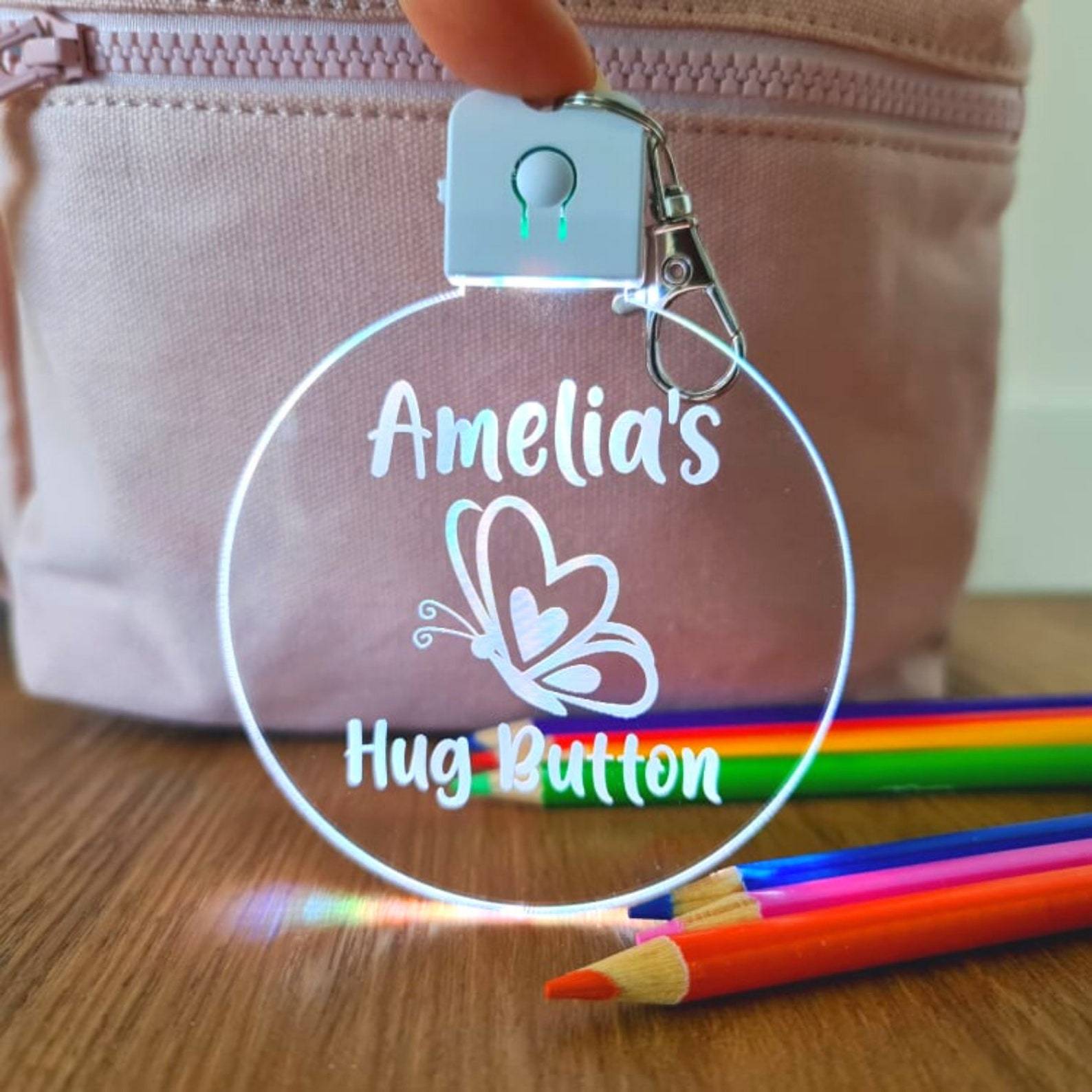 Personalized Name Kids Bag Tag LED Hug Button Keyring | CWToy59