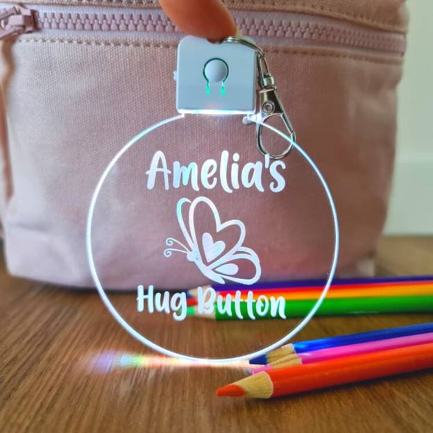 Personalized Name Kids Bag Tag LED Hug Button Keyring | CWToy59