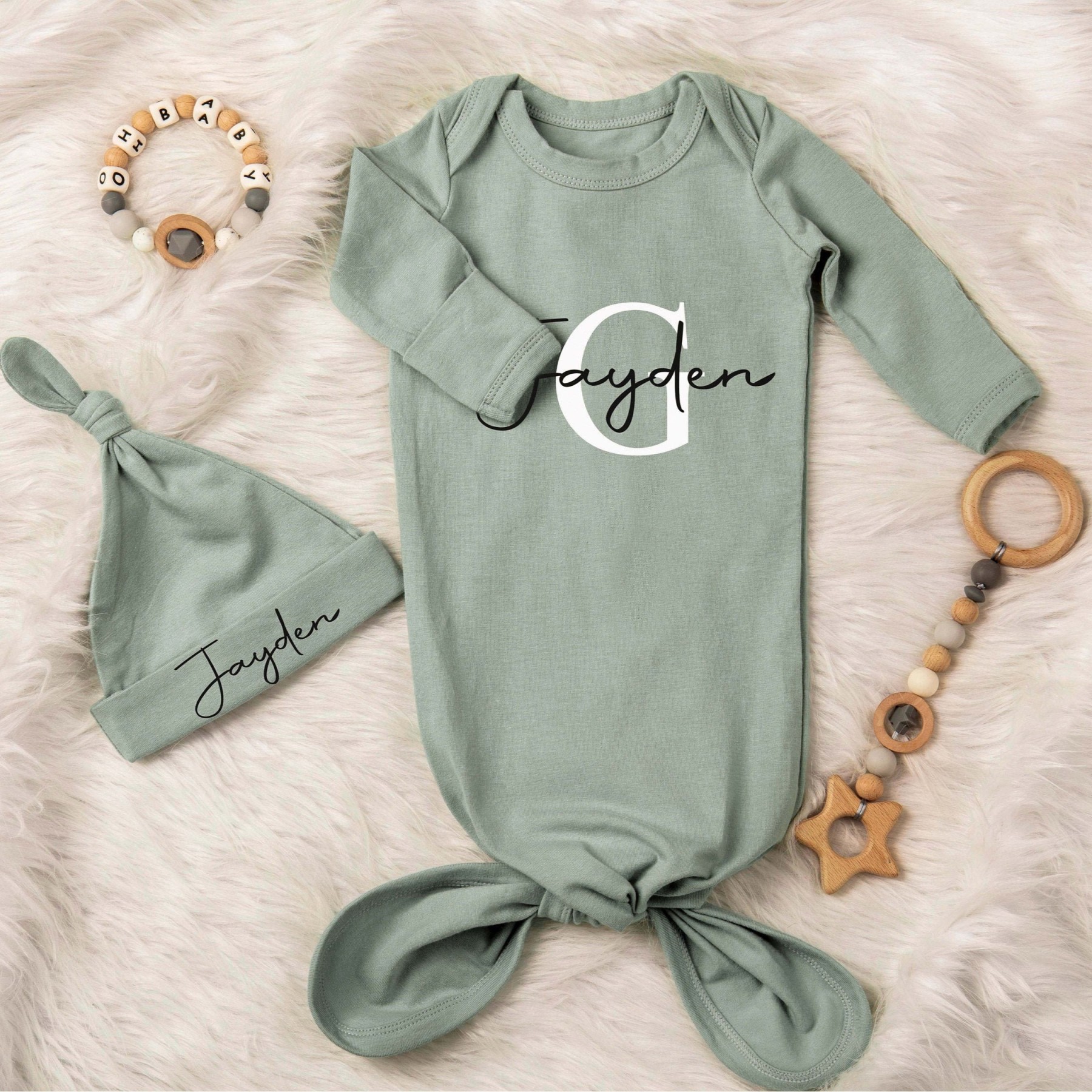 Personalized Cozy Newborn Gown with Knotted Hat | CWbaby28