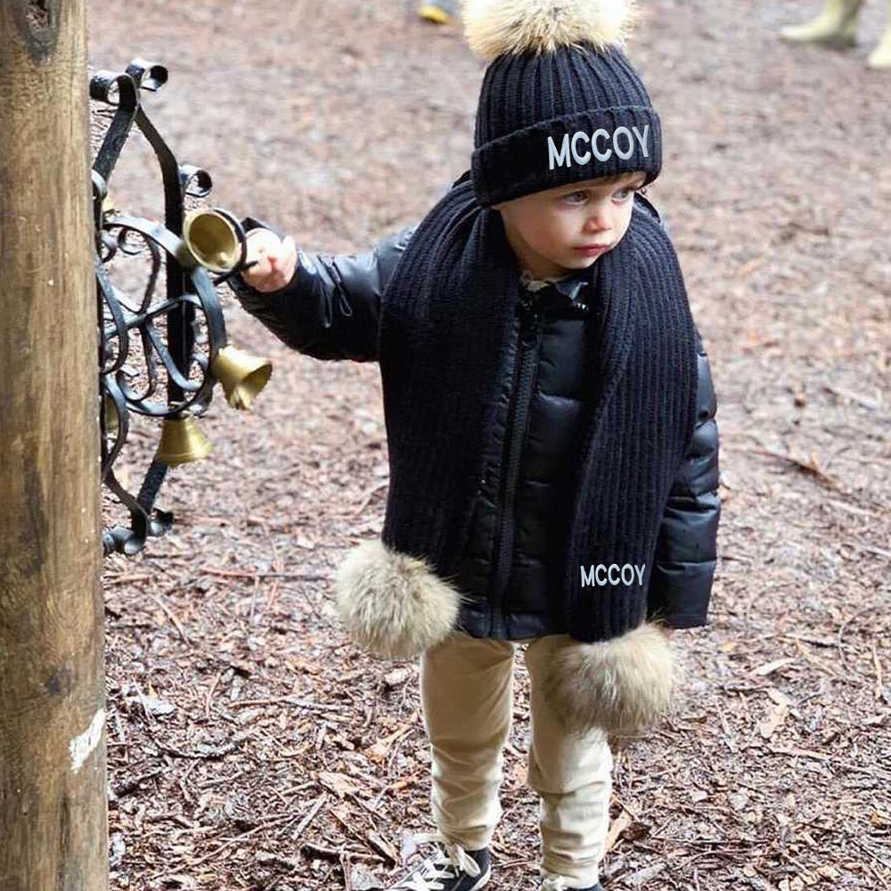 Personalized Embroidery Kid Pom Pom Hat With Scarf | HSKid48