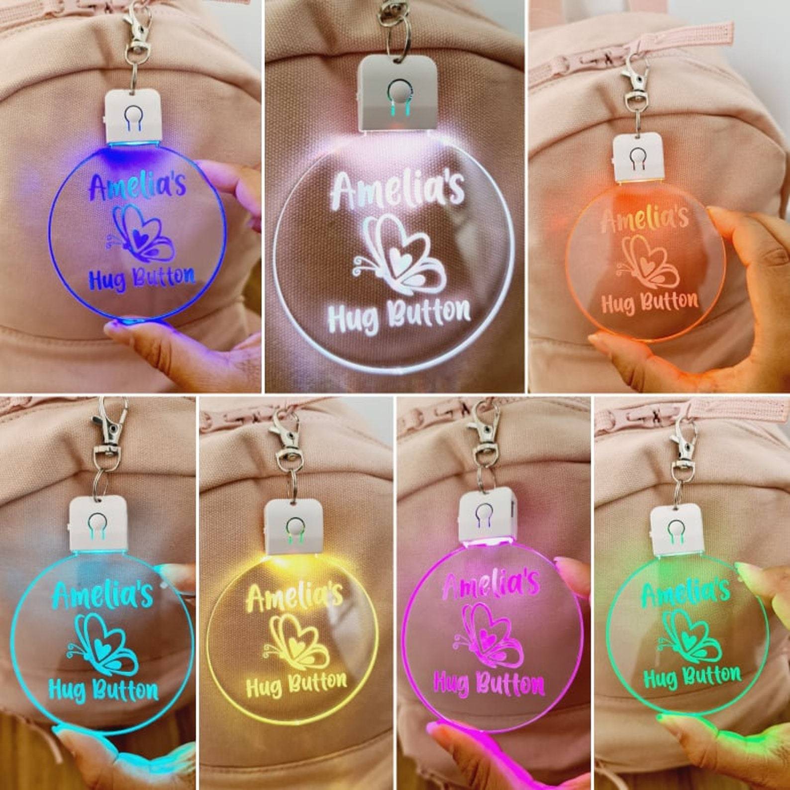 Personalized Name Kids Bag Tag LED Hug Button Keyring | CWToy59