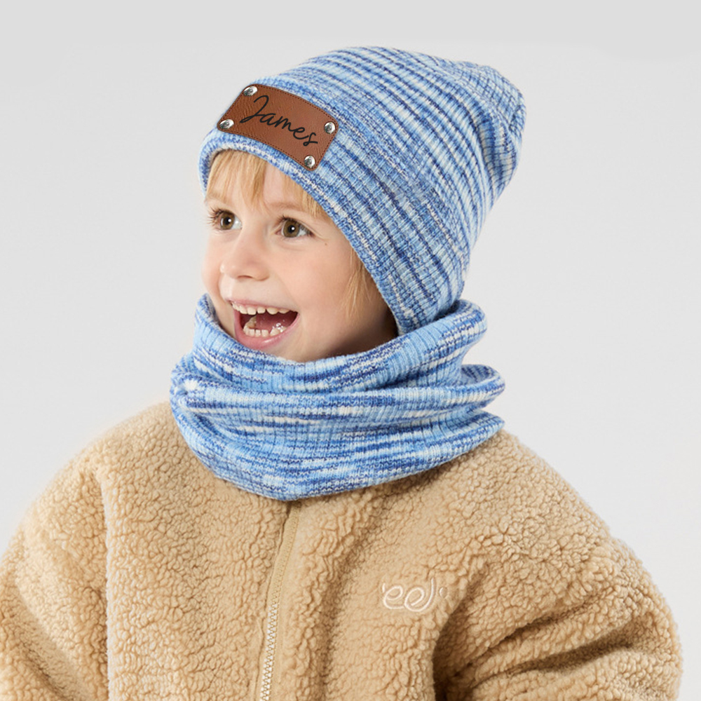 Personalized Leather Patch Kid Winter Hat Glove Scarf Set | HSKid69