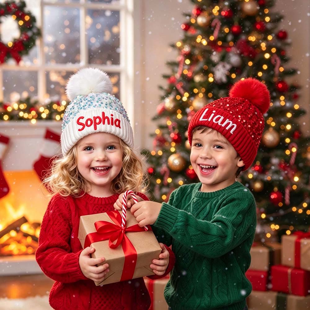 Personalized Embroidered Kids Sequin Pom Pom Hat | MNKid14