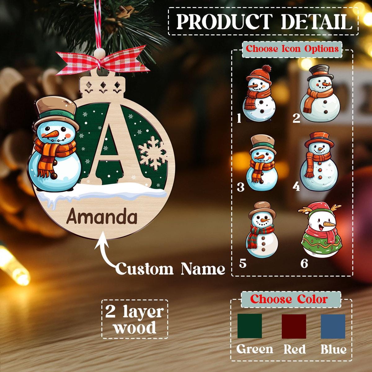 Personalized Snowman Christmas Wooden Ornament | MCGift194
