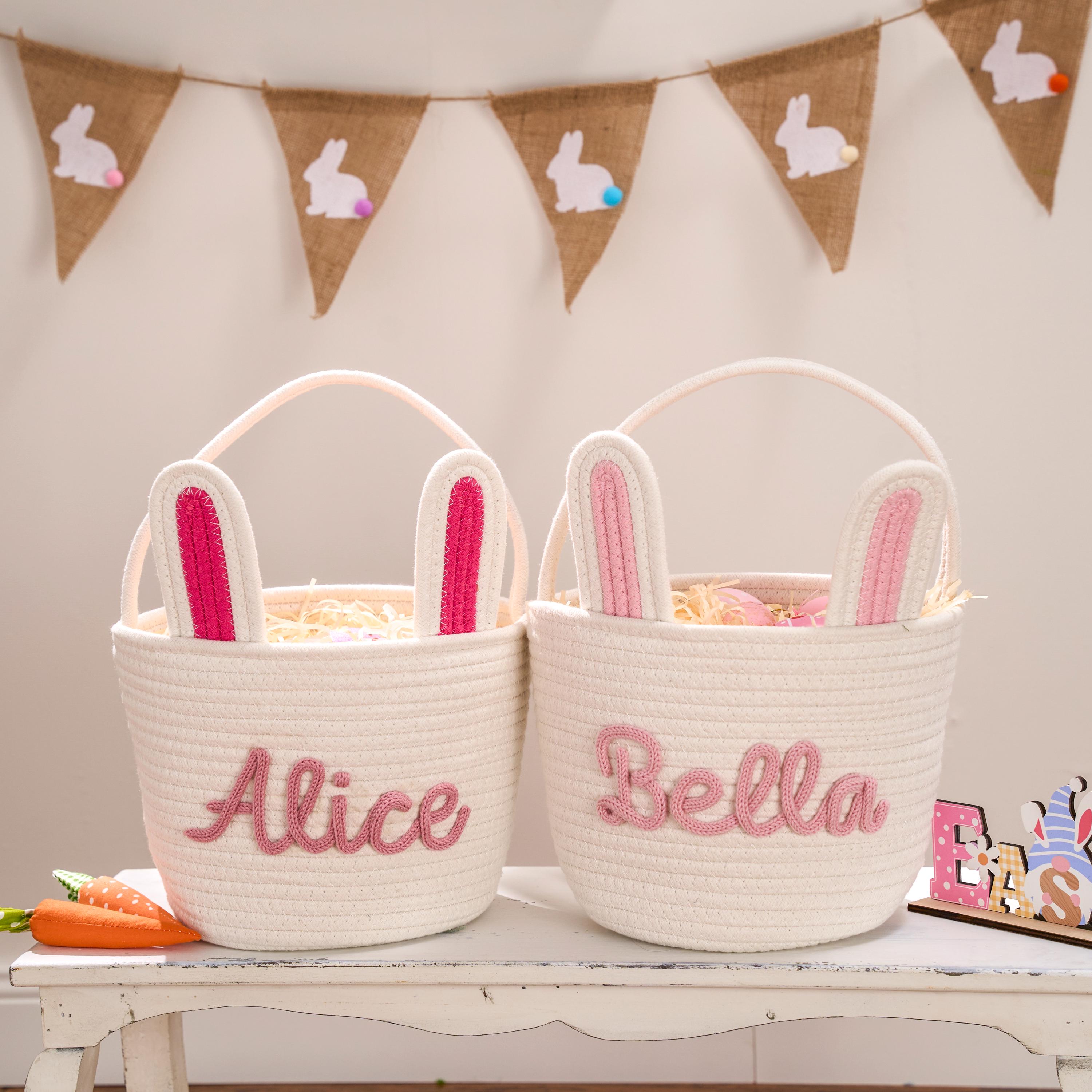 Personalized Hand-embroidered Bunny Easter Basket | CWEaster81