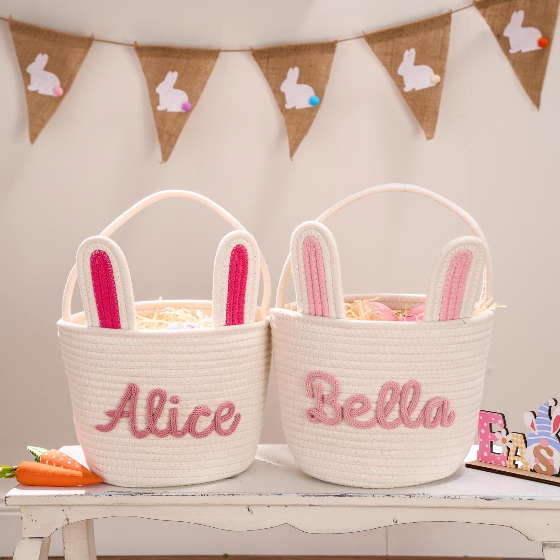 Personalized Hand-embroidered Bunny Easter Basket | CWEaster81