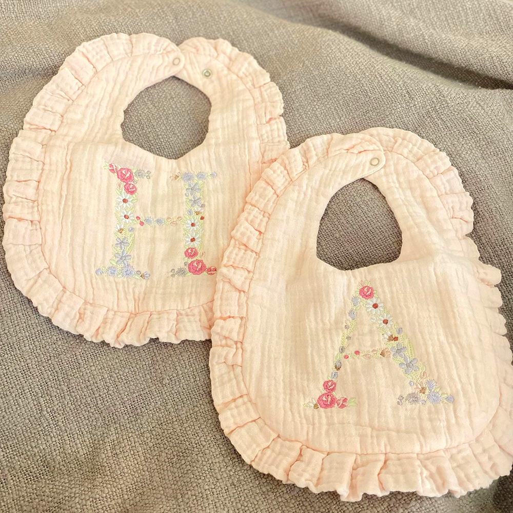 Personalized Embroidered Flowers Letter Baby Cotton Gauze Bibs | CWBaby224