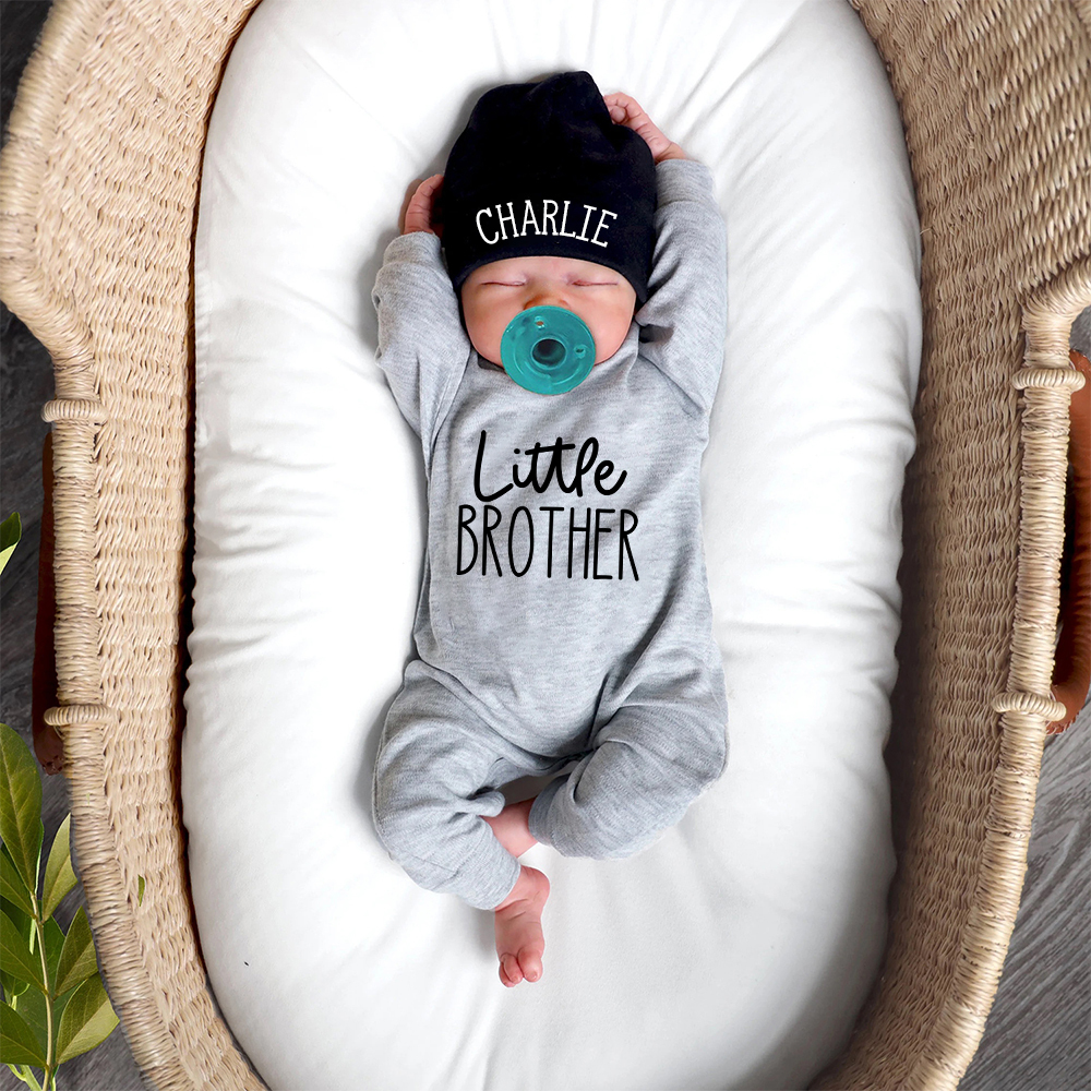 Personalized Little Brother Coming Home Romper With Hat Set | CWBaby13302