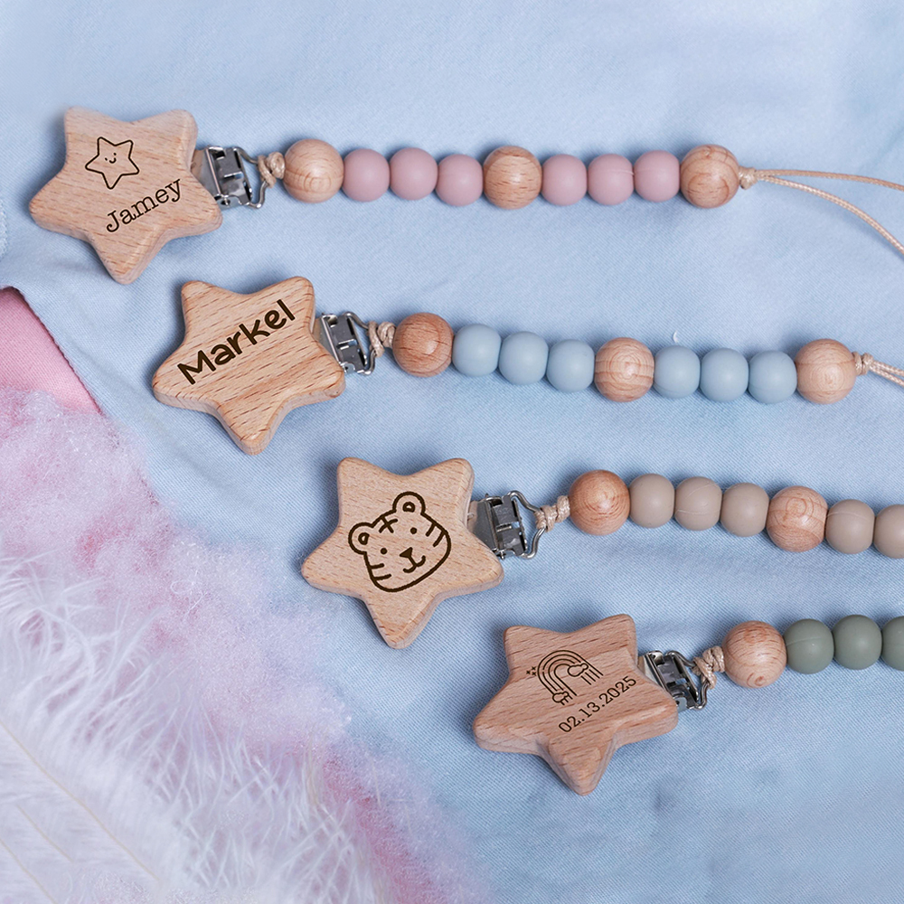 Personalized Baby Pacifier Silicone Wooden Bead Clip | CWToy130