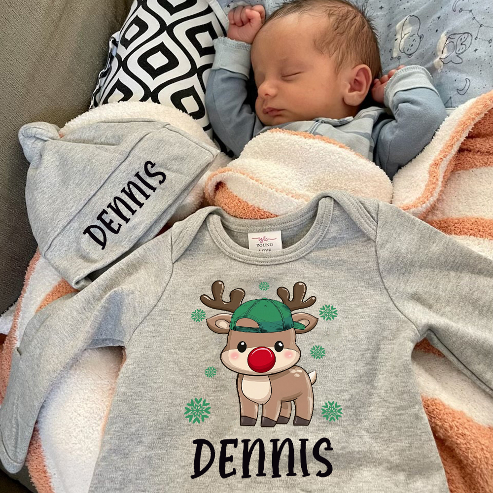 Personalized Baby Christmas Adorable Elk Romper and Hat Set | MCGift233