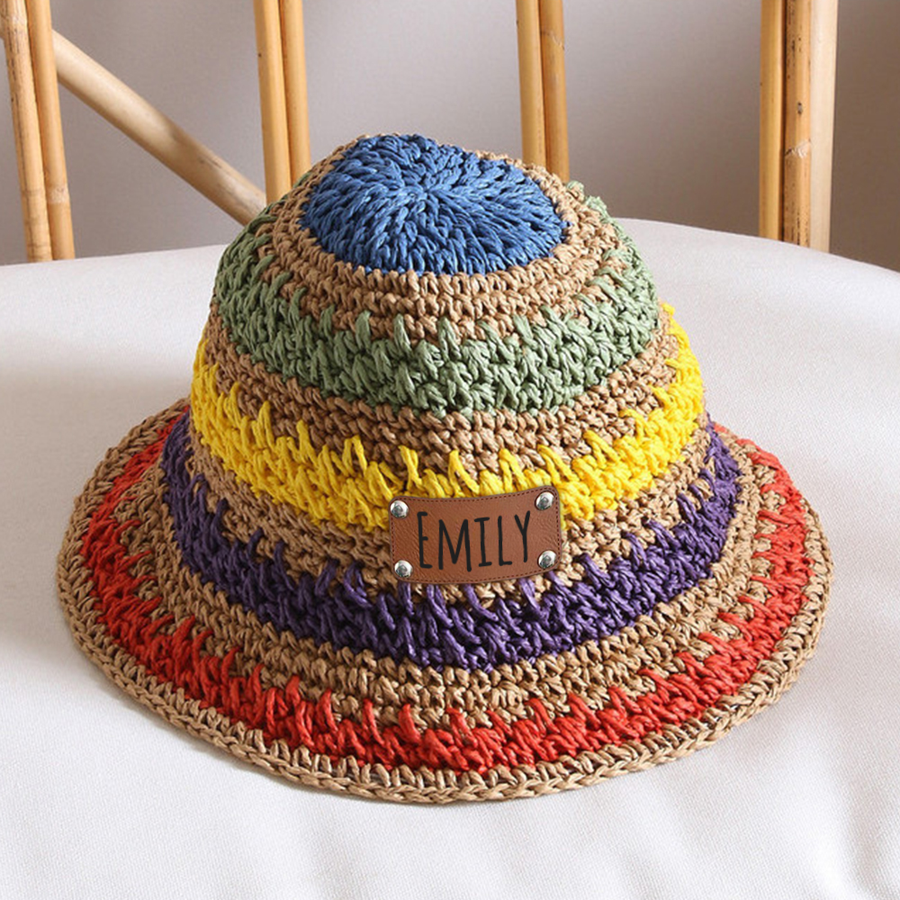 Personalized Summer Leather Patch Rainbow Straw Hat | CWBeach203